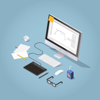 İzometrik Freelancer çalışma alanı illüstrasyon