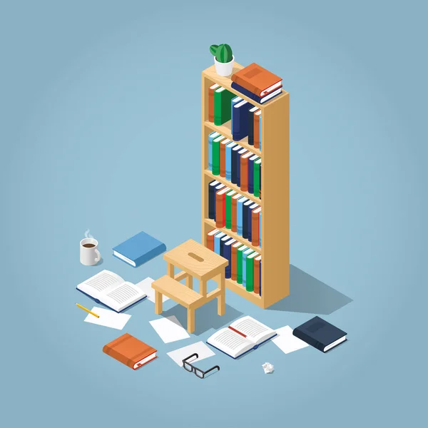 Isometric Library Bookcase Illustration — Stock Vector