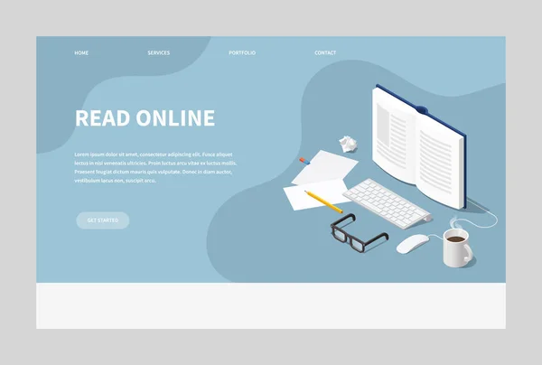 Isometric Online Reading Landing Page — Stock Vector