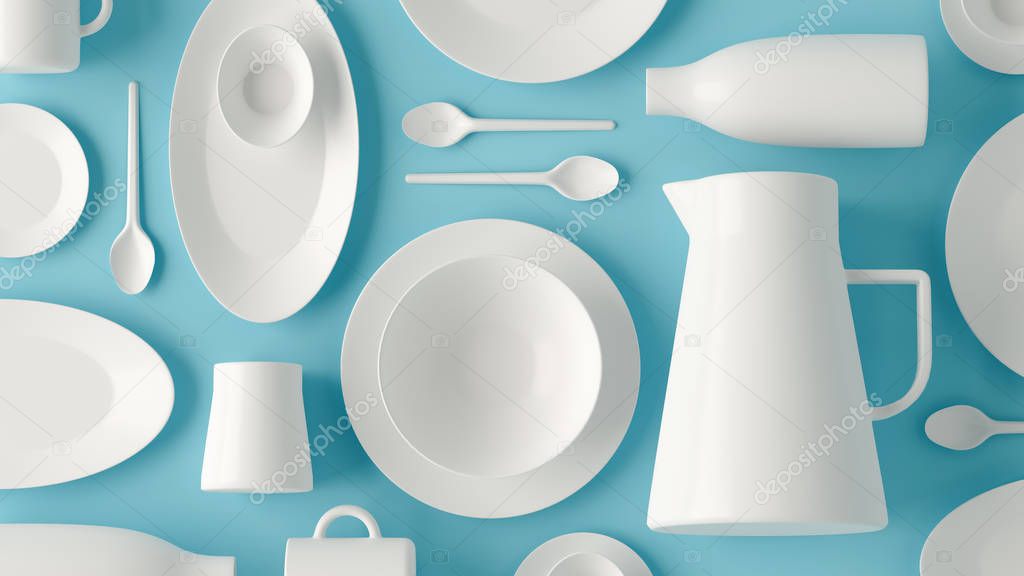 White tableware flatlay layout