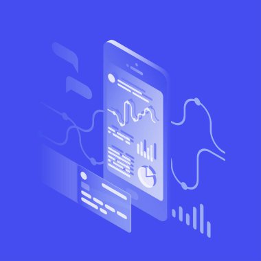 Vektör izometrik çizimde bankacılık app izleme harcamalar ve gelir. Diyagramları, grafikler ekran ve kredi kartı ile hareket eden aygıt. Online banka kavramı.