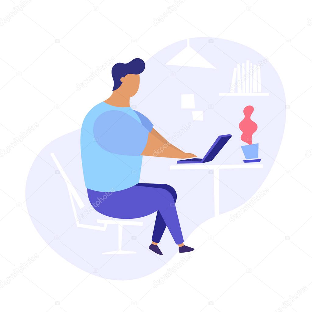Flat illustration of man sitting with a laptop and looking for a vacancies. Looking for job modern illustration.