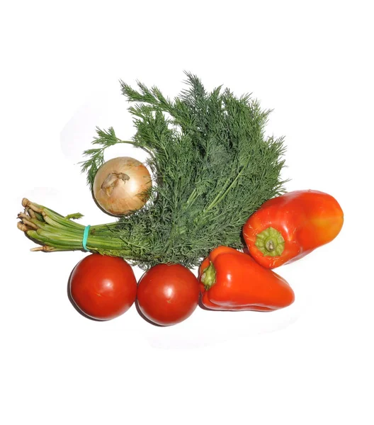 Uien Dille Tomaat Peper Liggen Een Tafel Wit — Stockfoto