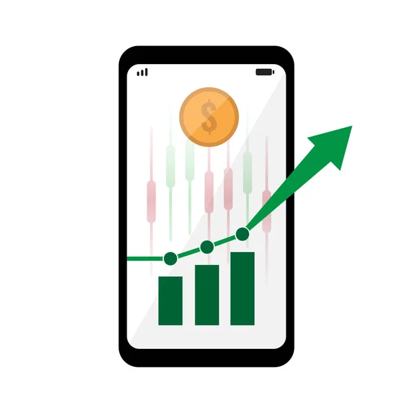 画面上の株式市場のグリーンバーチャートとスマートフォン 白い背景にフラットなデザイン ベクトルイラスト — ストックベクタ