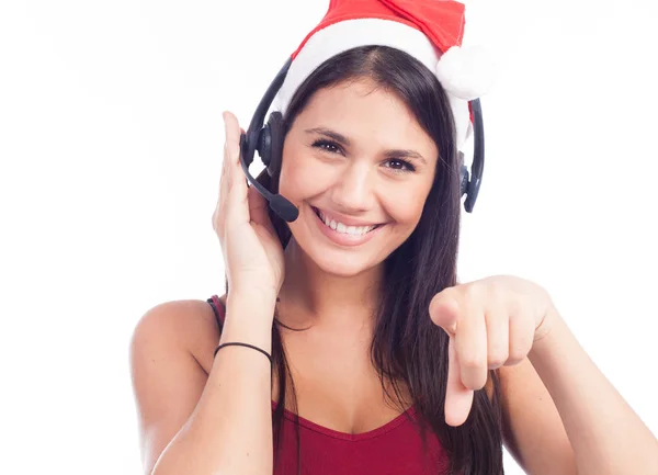 Auricolare Natale Donna Dal Call Center Telemarketing Indossa Cappello Rosso — Foto Stock