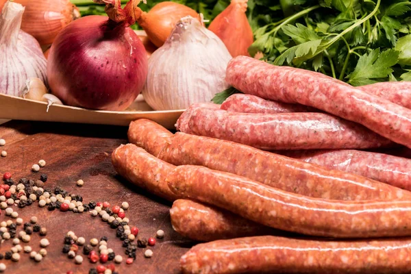 Raw Sausages Chilli Herbs Wooden Board Spices — Stock Photo, Image