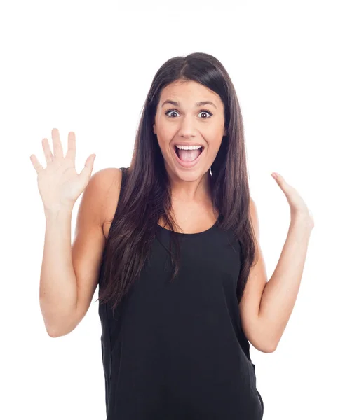 Beautiful Happy Young Woman Black Dress Hands Air — Stock Photo, Image