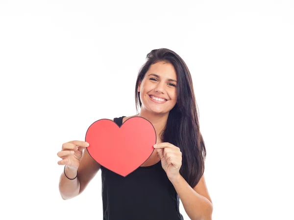 Vackra Glad Ung Kvinna Som Håller Ett Stort Rött Hjärta — Stockfoto