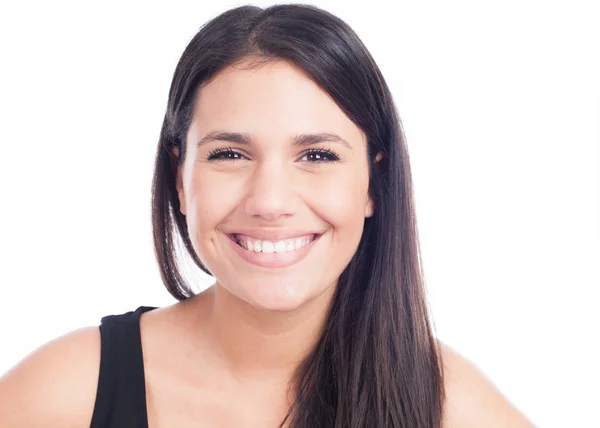 きれいな肌 自然なメイク 白い背景の白い歯を持つ美しい笑顔の女性 — ストック写真
