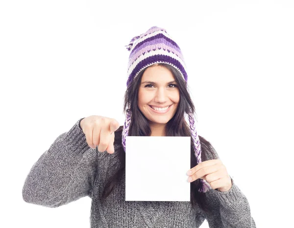 Portrait Young Woman Sweater Peruvian Hat Woolen Holding Sign Card — Stock Photo, Image