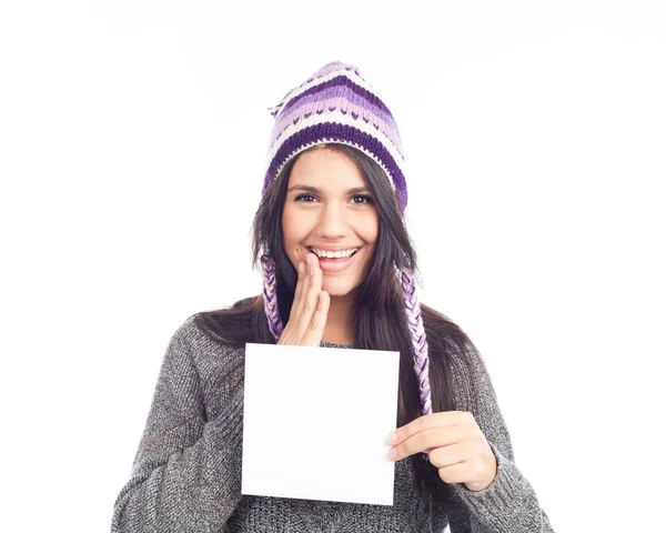 Ritratto Giovane Donna Con Maglione Cappello Peruviano Lana Con Cartello — Foto Stock