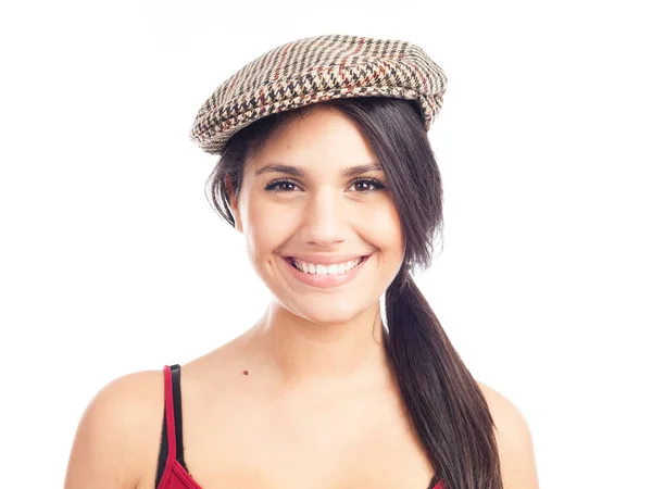 Pretty Smiling Cheerful Brunette Woman French Cap Red Tank Top — Stock Photo, Image