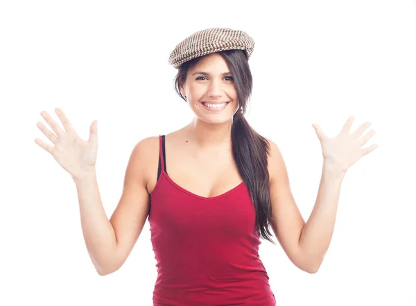 Bonita Mujer Morena Sonriente Alegre Con Gorra Francesa Camiseta Roja — Foto de Stock