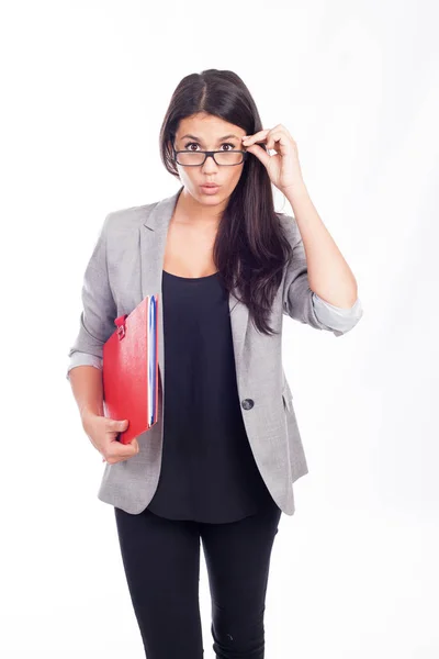 Beautiful Young Business Woman Who Surprised Red Folder — Stock Photo, Image