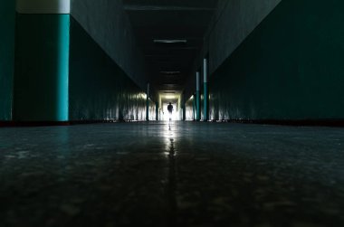 Uzun, karanlık bir koridor sonsuzluğa giden yol insan bedeniyle aydınlığın sonunda.