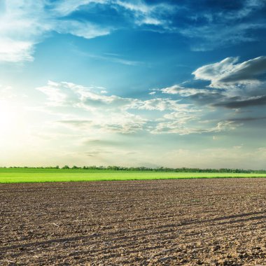 Ziraat kara tarlada ve mavi gökyüzünde gün batımında bulutlarla