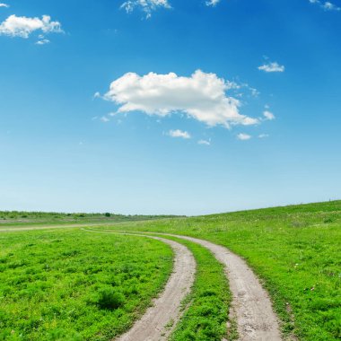 Yeşil çimlerde yol ve mavi gökyüzünde bulutlar