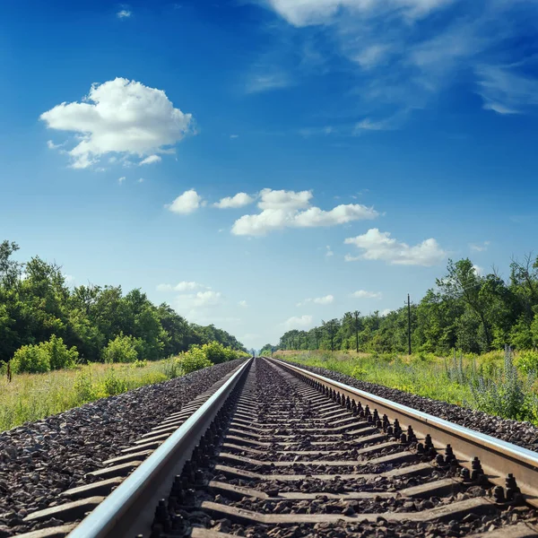 铁路通往地平线 绿草丛生 蓝天乌云笼罩 — 图库照片