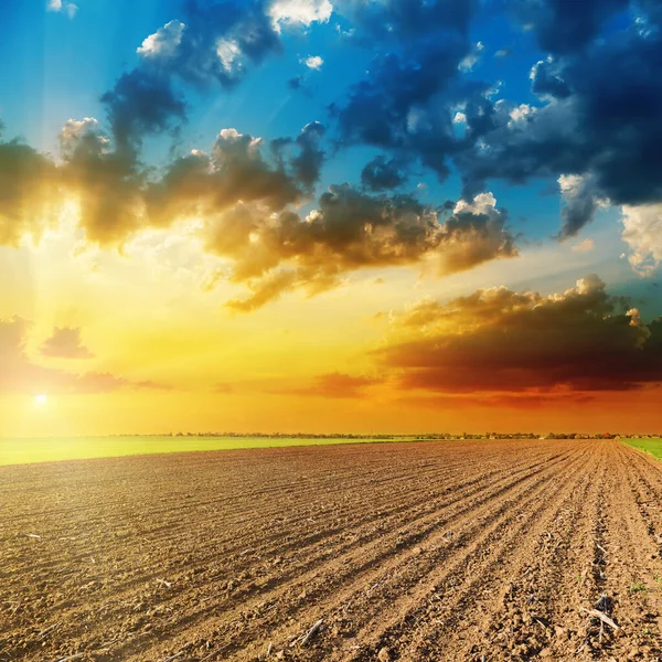 Pôr Sol Brilhante Nuvens Escuras Sobre Campo Primavera — Fotografia de Stock