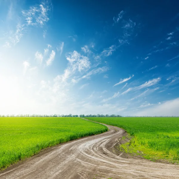 Camino Rural Hierba Verde Puesta Sol Cielo Azul Sobre Ella —  Fotos de Stock