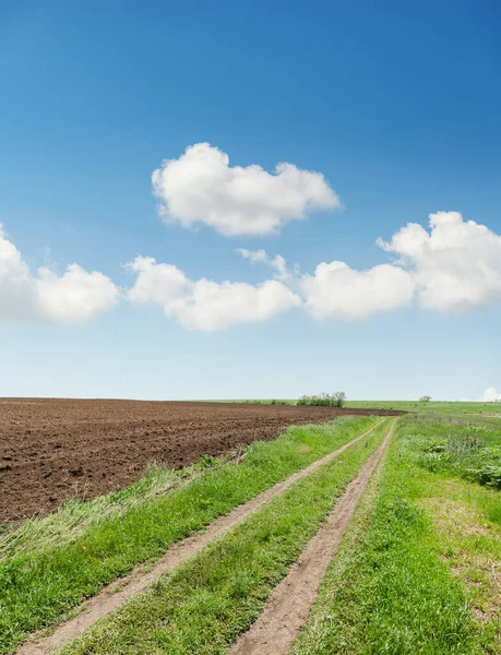 Droga Wiejska Polu Wiosennego Rolnictwa Błękitne Niebo Chmurami — Zdjęcie stockowe