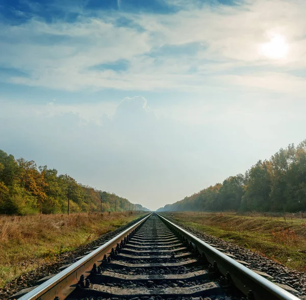 Primo Piano Ferrovia All Orizzonte Sotto Cielo Nuvoloso Con — Foto Stock