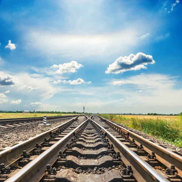 Railroad Crossing Closeup Blue Cloudy Sky — Stock Photo, Image