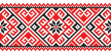 İşlemeli eski el yapımı çapraz dikişli etnik Ukrayna deseni. Süslü Ukrayna havlusu. Vektör olarak Rushnyk biçimi