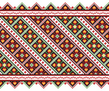 İşlemeli eski el yapımı çapraz dikişli etnik Ukrayna deseni. Süslü Ukrayna havlusu. Vektör olarak Rushnyk biçimi