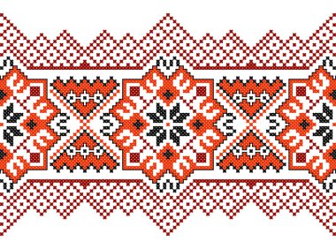 İşlemeli eski el yapımı çapraz dikişli etnik Ukrayna deseni. Süslü Ukrayna havlusu. Vektör olarak Rushnyk biçimi