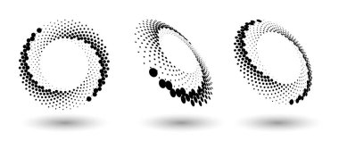 Yarım ton daire çerçeve, herhangi bir proje için soyut noktalar logo amblem tasarım öğesi. Kenar simgesi ya da arka plan. Vektör EPS10 illüstrasyonu. Farklı perspektiflere sahip soyut noktalı yarım ton vektörü