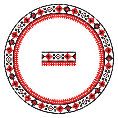 El yapımı, çapraz dikişli Ukrayna deseni gibi güzel işlenmiş. Etnik tarzda yuvarlak bir süs. Süslü yemek ile moda arka planı. İç dekorasyon, vektör illüstrasyonu.