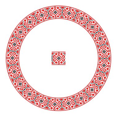 El yapımı, çapraz dikişli Ukrayna deseni gibi güzel işlenmiş. Etnik tarzda yuvarlak bir süs. Süslü yemek ile moda arka planı. İç dekorasyon, vektör illüstrasyonu.