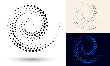 Simge ya da arkaplan olarak yarım tonlu spiral. Logo veya amblem için üçgen içeren siyah soyut vektör. Tasarımınız için beyaz arkaplanda çember sınırı izole edildi.