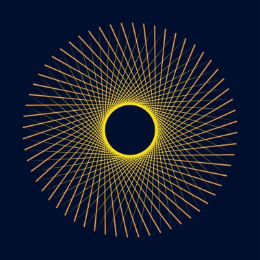 Altın renkli çizgileri olan soyut bir arkaplan. Logo ya da simge gibi güneş resmi.