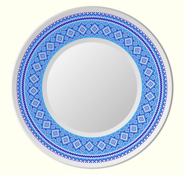 El yapımı, çapraz dikişli Ukrayna deseni gibi güzel işlenmiş. Etnik tarzda yuvarlak bir süs. Süslü yemek ile moda arka planı. İç dekorasyon, vektör illüstrasyonu.