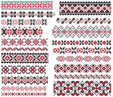 İşlemeli eski el yapımı çapraz dikişli etnik Ukrayna deseni. Süslü Ukrayna havlusu. Vektör olarak Rushnyk biçimi