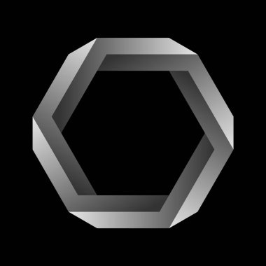 Siyah arka planda Penrose altıgenleri. İmkansız nesne ya da imkansız figür ya da kararsız bir figür.