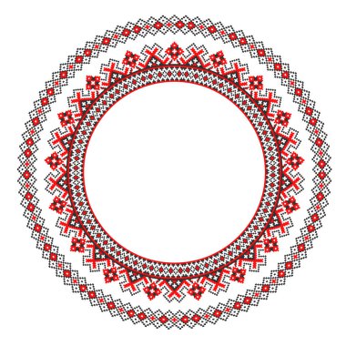 El yapımı, çapraz dikişli Ukrayna deseni gibi güzel işlenmiş. Etnik tarzda yuvarlak bir süs. Süslü yemek ile moda arka planı. İç dekorasyon, vektör illüstrasyonu.