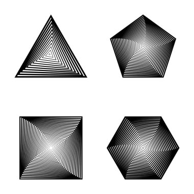 Dönüşümlü çizgili şekiller. üçgen, kare, beşgen, altıgen rozeti simge ya da logo olarak.
