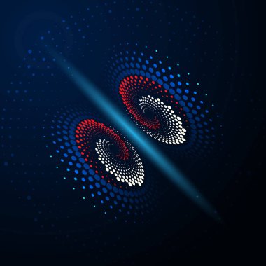 İki galaksi patladı. Soyut noktalı vektör arkaplanı. Yarı ton etkisi. Spiral noktalı arkaplan ya da simge. Yin ve yang stili.