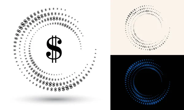 半圆形的半色调美元符号 圆形标志或图标 矢量框架作为设计元素 中心是重复的元素 — 图库矢量图片