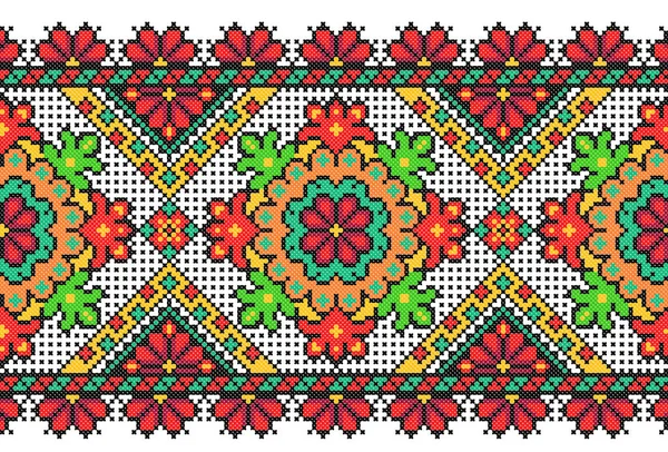 Embroidered Old Handmade Cross Stitch Ethnic Ukraine Pattern Ukrainian Towel — Stock Vector