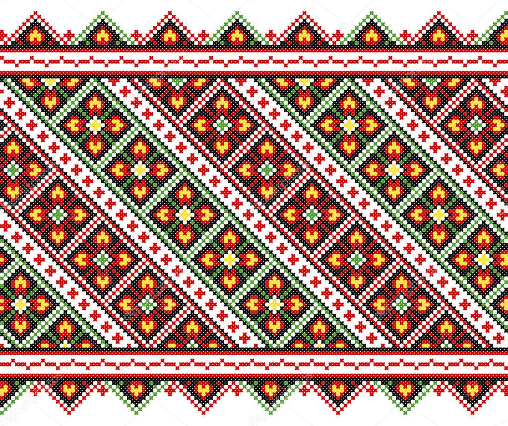 embroidered old handmade cross-stitch ethnic Ukraine pattern. Ukrainian towel with ornament. Rushnyk style in vector