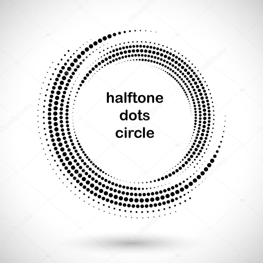 Halftone round as icon or background. Black abstract vector circle frame with dots as logo or emblem. Circle border isolated on the white background for your design.