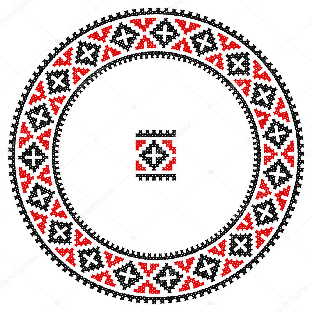 Embroidered good like handmade cross-stitch ethnic Ukraine pattern. Round ornament in ethnic style. Fashion background with ornate dish. Interior decor, vector illustration.