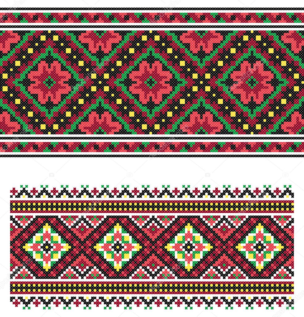 embroidered old handmade cross-stitch ethnic Ukraine pattern. Ukrainian towel with ornament. Rushnyk style in vector