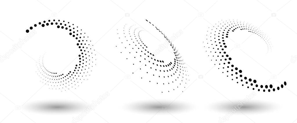 Halftone circle frame, abstract dots logo emblem design element for any project. Round border icon or backgroud. Vector EPS10 illustration. Abstract dotted halftone vector with differents perspective