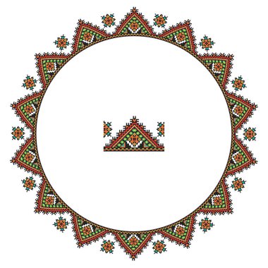 El yapımı, çapraz dikişli Ukrayna deseni gibi güzel işlenmiş. Etnik tarzda yuvarlak bir süs. Süslü yemek ile moda arka planı. İç dekorasyon, vektör illüstrasyonu.