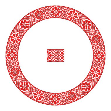 El yapımı, çapraz dikişli Ukrayna deseni gibi güzel işlenmiş. Etnik tarzda yuvarlak bir süs. Süslü yemek ile moda arka planı. İç dekorasyon, vektör illüstrasyonu.